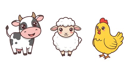 Fototapeta premium Cute Cartoon Farm Animals Cow, Sheep, and Chicken on White Background