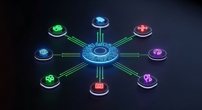 Advanced Decentralized Network Concept Showing Secure Data Flow and Complex Connections with Seven Glowing Technology Icons Arranged Around a Central Processor Unit on a Dark Background