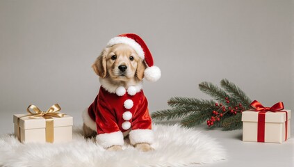 Adorable golden retriever puppy wearing a santa claus hat and red costume with gifts on fluffy rug