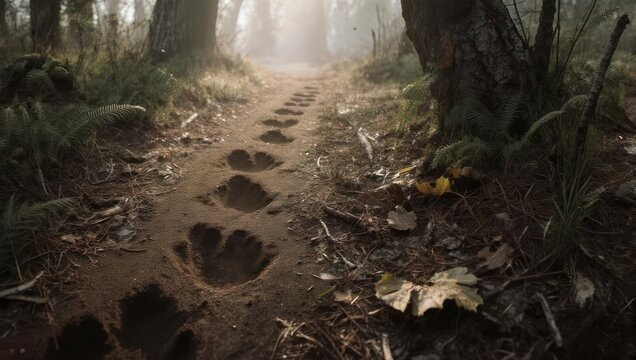 Footprints in a dirt path leading through a misty forest, sunlight peeking through trees