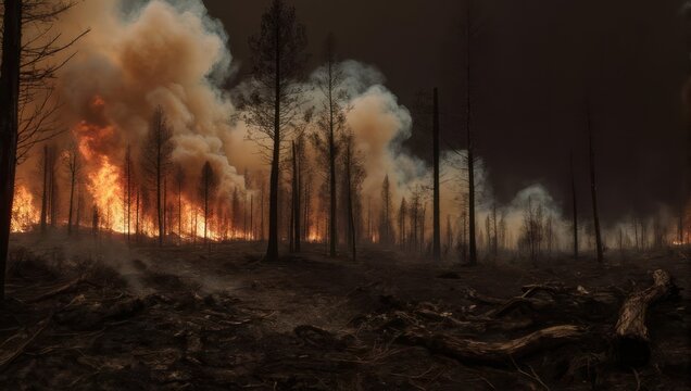 Forest fire engulfs trees with flames, smoke, and ash under a dark, ominous sky