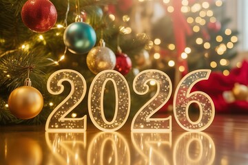 Festive 2026 Happy New Year Decorations Gold Sparkling Ornaments Christmas Celebration