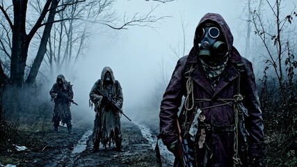 Three men wearing gas masks walking through a foggy forest landscape in a post apocalyptic scenario, carrying rifles.