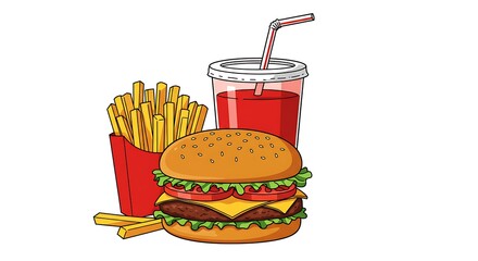 Cartoon Fast Food Meal with Burger, Fries, and Drink on White