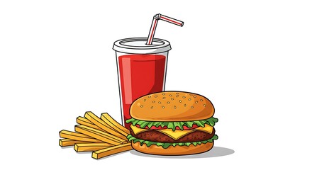 Cartoon Burger with Fries and Soda Drink on White Background