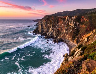 Obraz premium Coastal scene during golden hour, waves crashing against cliffs, dramatic sky