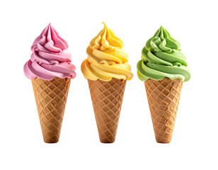 Three colorful swirled soft serve ice cream cones
