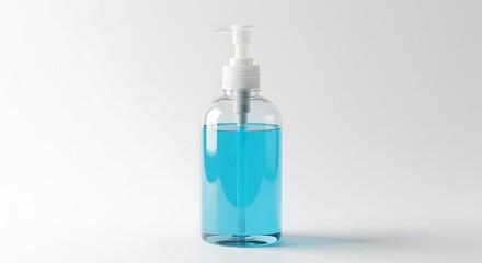 Clear Dispenser Bottle Filled with Blue Liquid on a White Background