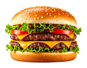 Stacked double cheeseburger with lettuce, tomato, and sesame seeds