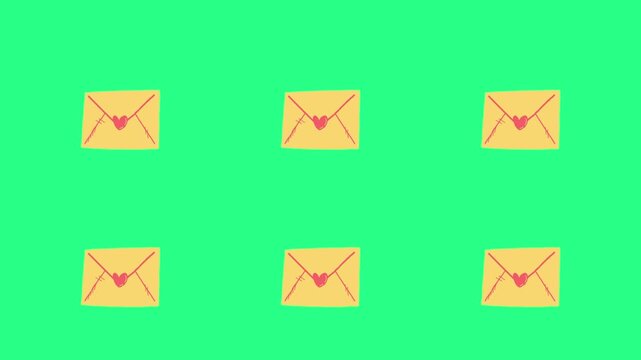 Bright lime-green backdrop featuring six small yellow envelopes in a neat 3-by-2 grid on a surface, video loops, green screen, 4k, footage, 4k footage, videos, video clip, slow motion
