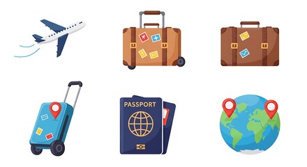 Planning Travel Adventure with Airplane, Luggage, Passport, and Globe Icons