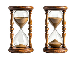 Two antique hourglasses with flowing sand, one nearly empty