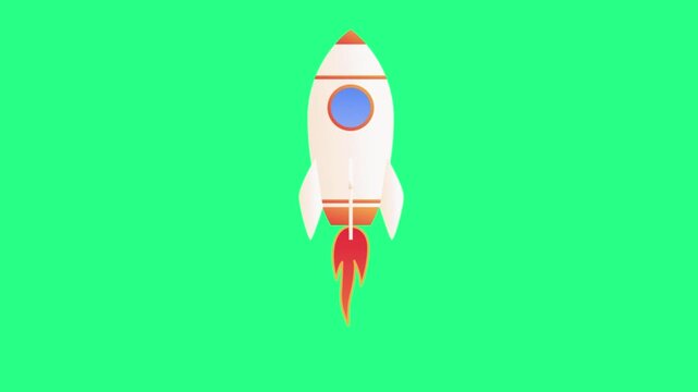 Cartoon rocket ascending with orange nose cone and blue window against vivid green backdrop and view, video loops, green screen, 4k, footage, 4k footage, videos, video clip, slow motion