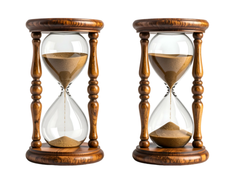 Two antique hourglasses with flowing sand, one nearly empty