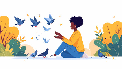 An illustration of a woman finding peace and connection with nature while interacting with a flock of pigeons and doves in a tranquil autumn park setting, embodying freedom and serenity