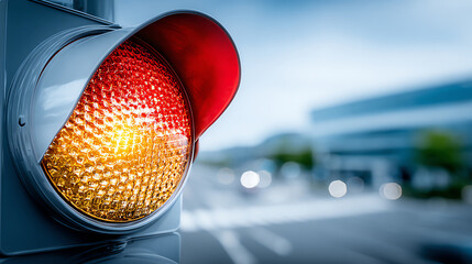 A close-up view of a traffic light showing red and yellow signals with a blurred urban background, emphasizing city life.