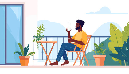 Man enjoying a peaceful morning coffee on a balcony surrounded by lush greenery
