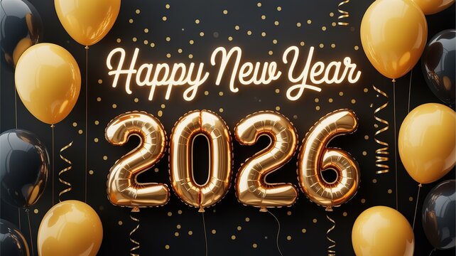 Happy New Year 2026 Celebration Gold Balloons Black Background Festive Design