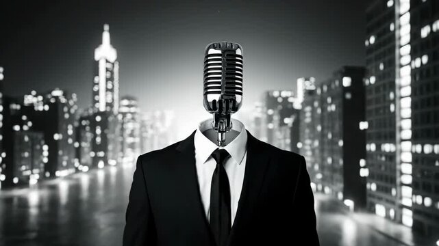 A monochrome image shows a figure in a black suit with a microphone for a head, set against a blurred cityscape backdrop, creating an abstract and conceptual scene.