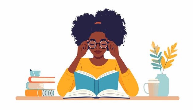 Focused Black woman reading a book at a desk, adjusting her glasses with concentration amidst a stack of books, symbolizing dedication to learning and education