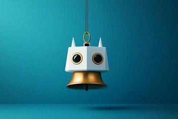Abstract geometric bell with catlike features hanging against a blue background in a studio setting