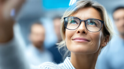 A confident woman taking a selfie, reflecting modern business culture and connectivity in a professional setting.