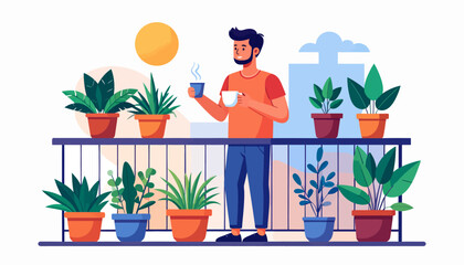 Relaxed man enjoying a peaceful morning coffee on his vibrant urban balcony garden, surrounded by lush potted plants under a sunny sky