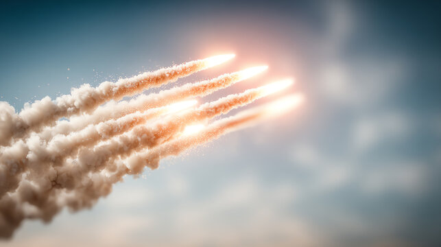 A dynamic scene of rockets launching into a clear sky, showcasing technology advancement and innovation in space exploration.