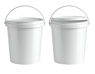 Two white plastic buckets with handles, one open, one closed
