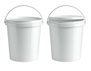 Two white plastic buckets with handles, one open, one closed