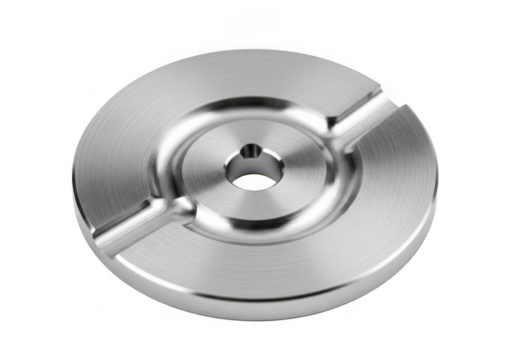 Machined metal component with central hole isolated on transparent background