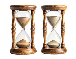 Two wooden hourglasses with sand at different stages of flow