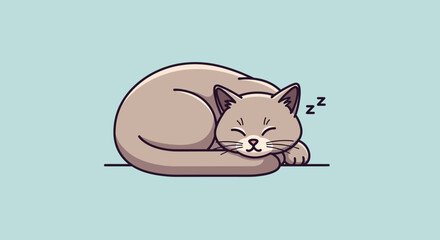 Adorable illustration of a sleeping cat curled up on a light blue background so peaceful