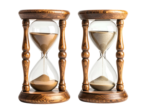 Two wooden hourglasses with sand at different stages of flow