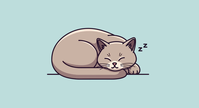 Adorable illustration of a sleeping cat curled up on a light blue background so peaceful
