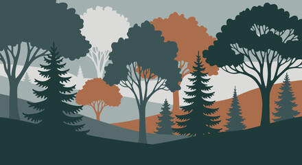 Obraz premium Stylized forest landscape with layered silhouettes of trees in muted colors