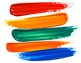 Vibrant paint strokes in red, orange, green, orange, and blue