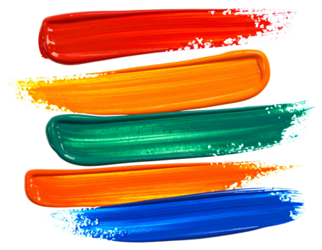 Vibrant paint strokes in red, orange, green, orange, and blue
