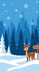 A winter scene featuring a deer standing near a wooden sign in a snowy forest.