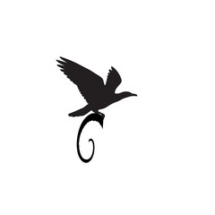 Silhouette of a bird in flight with a decorative flourish.