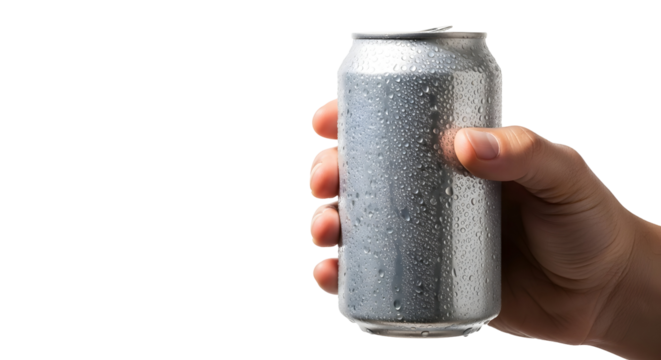 Hand holding a cold, refreshing beverage can covered in condensation