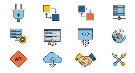 Set of flat line icons depicting various api development elements, including server connections, data processing, coding interfaces, cloud services, and handshake agreements