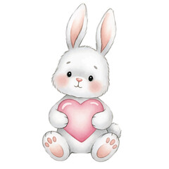 Cute White Bunny Rabbit Holding Pink Heart Watercolor