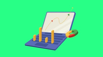 Isometric finance scene showing a laptop with a rising graph, gold bars, and a green ring on screen, video loops, green screen, 4k, footage, 4k footage, videos, video clip, slow motion