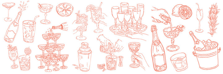 Set of hand-drawn cocktail and champagne illustrations for party design and celebration themes