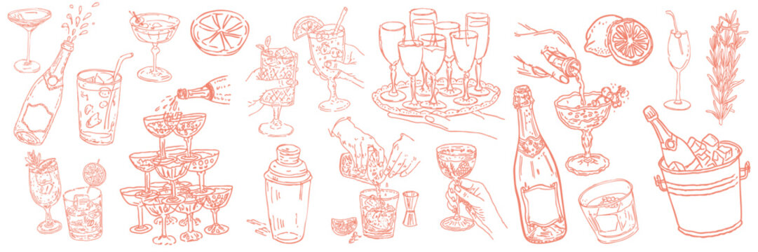 Set of hand-drawn cocktail and champagne illustrations for party design and celebration themes