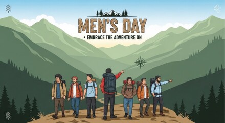 Group of men hiking in mountains celebrating mens day embrace the adventure on