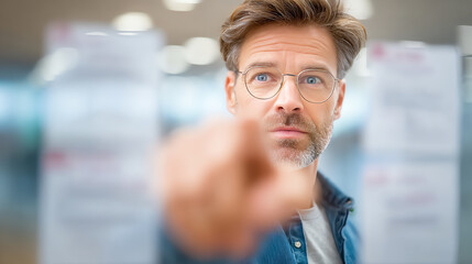 Focused businessman pointing at a document with a determined expression in a modern office environment.