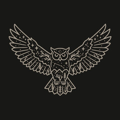 Obraz premium Detailed line art illustration of an owl in flight, adorned with stars and constellations against a dark background.