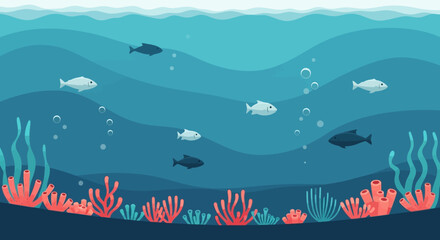 Cartoon underwater scene with fish and coral reef creating a whimsical seascape illustration